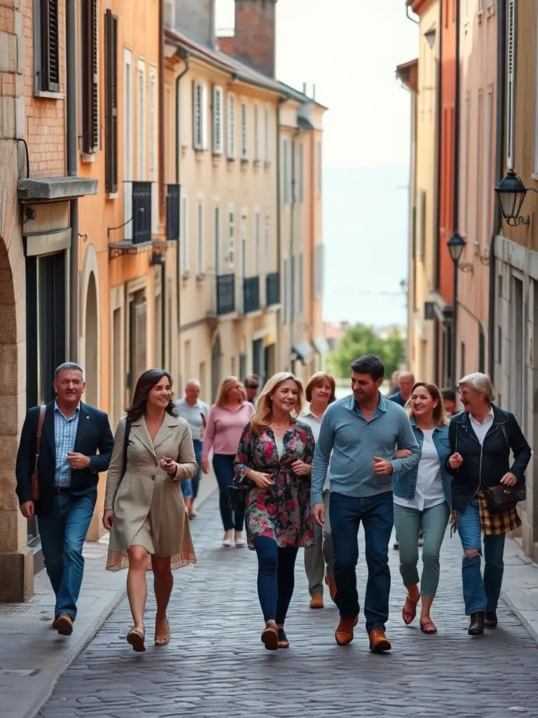 A group of people of various ages participating in a weekly community walk in Étaples, France, with the town's architecture visible in the background. The atmosphere is friendly and relaxed.