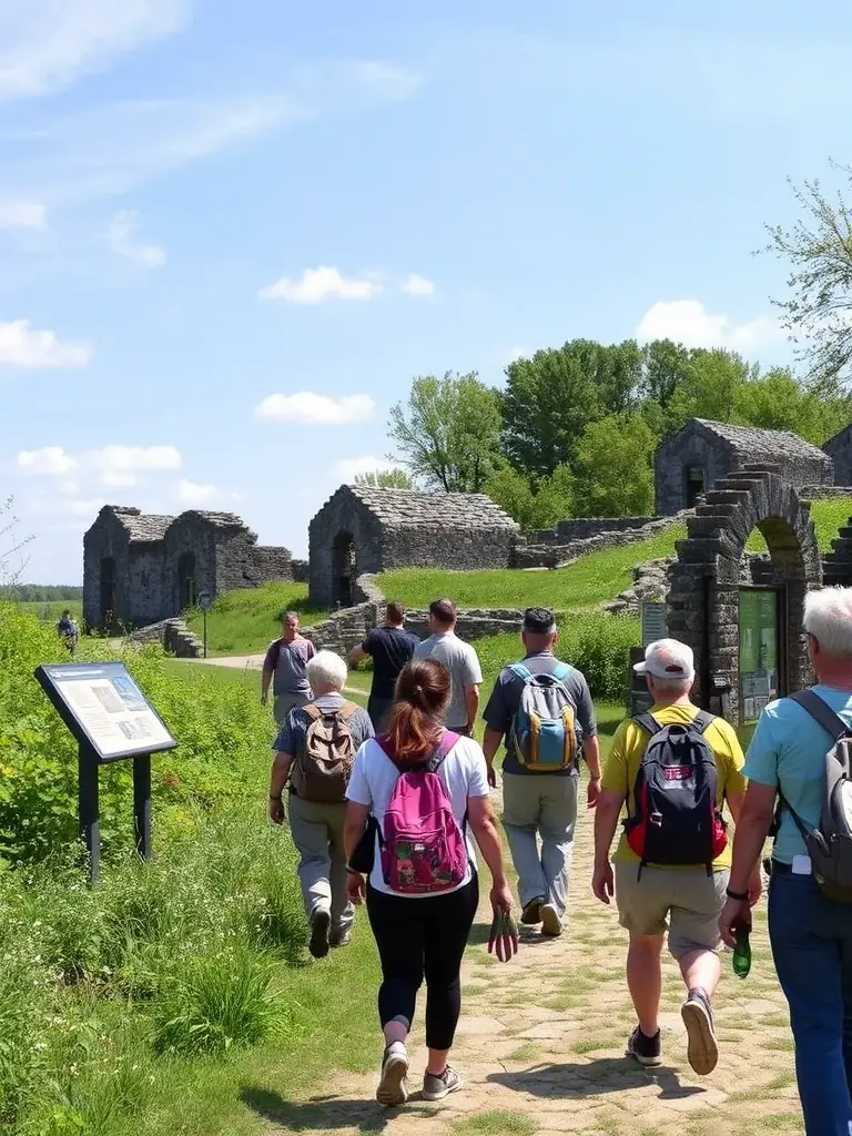 A group of hikers are exploring a historical site in Étaples during a themed outing, with informational signs visible in the background.