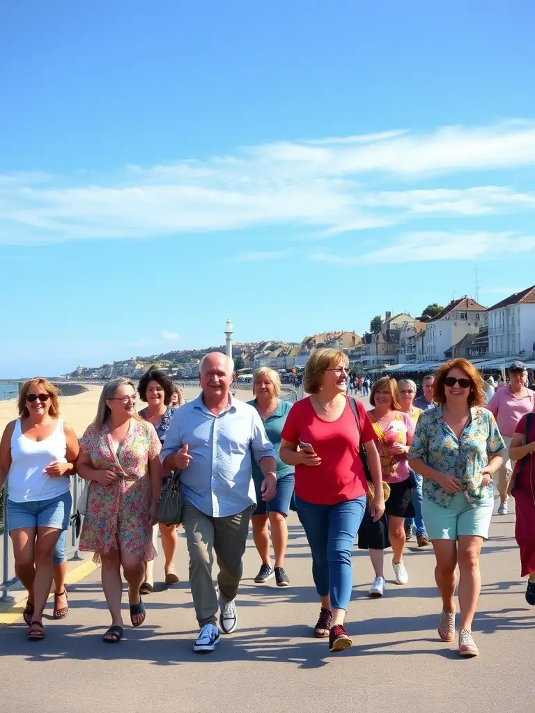 A group of diverse people of all ages are happily walking together on a sunny day in Étaples, France, showcasing the weekly community walks organized by La Marche Etaploise.