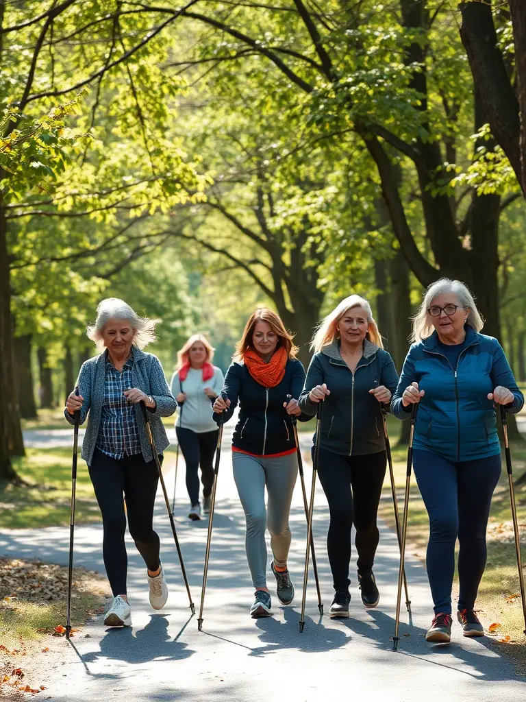A photograph capturing a group of participants engaged in a Nordic walking session in a park in Étaples, showcasing the use of poles for enhanced fitness and technique.
