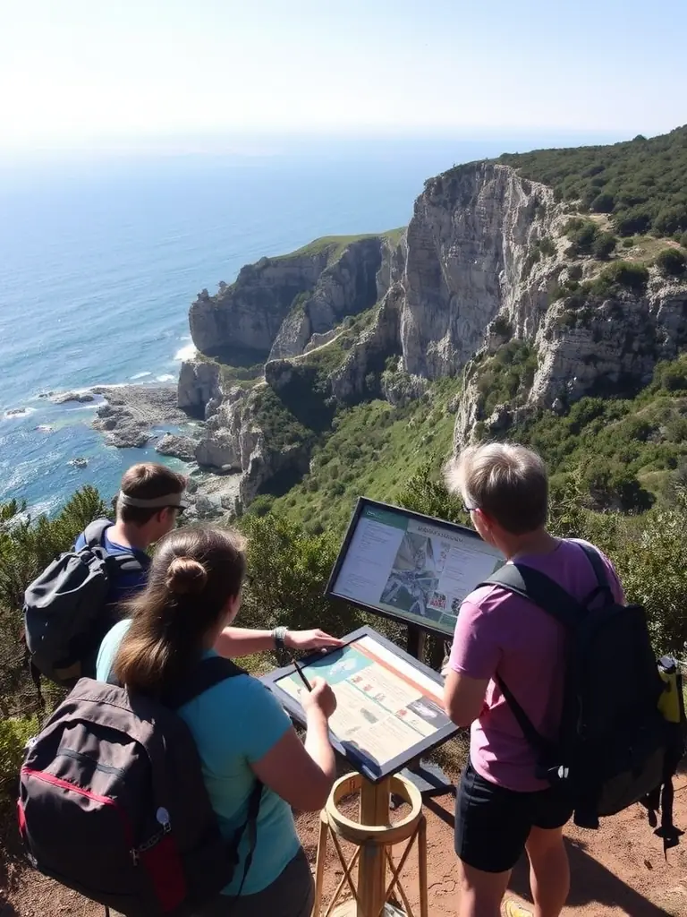 A group of hikers on a themed outing near Étaples, exploring a historical site with informational signs. The scenery includes coastal views and natural landscapes.