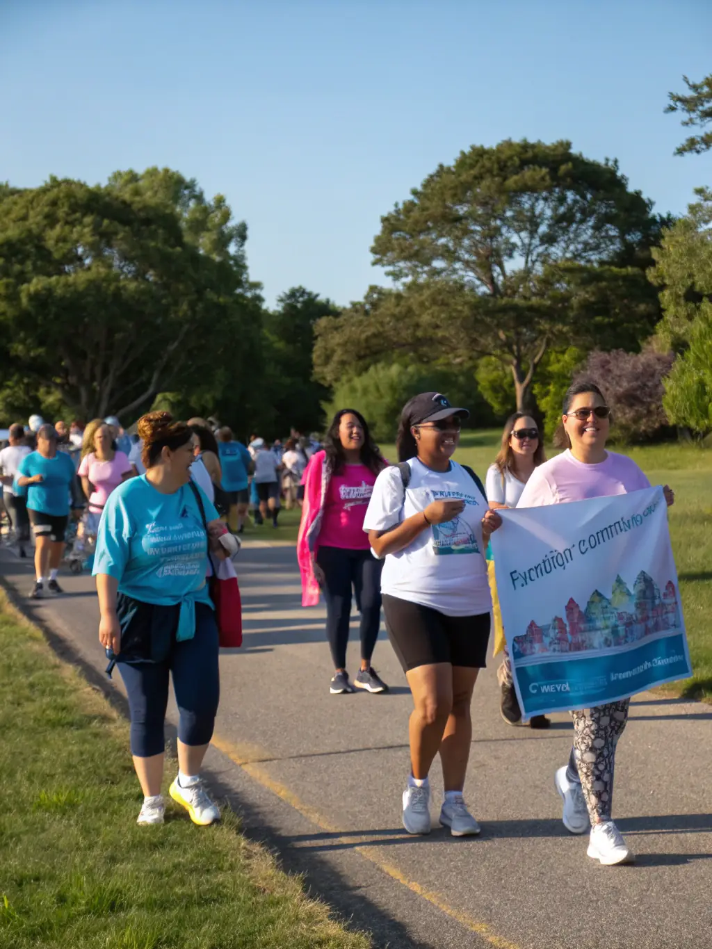 A photograph capturing participants of La Marche Etaploise actively participating in a local health and sports event, showcasing their support and involvement in the community.
