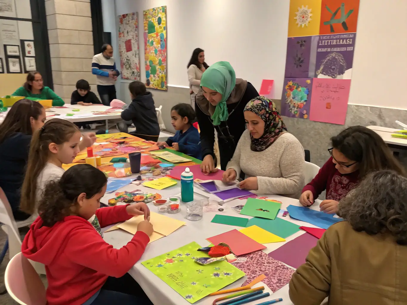 An image showcasing a vibrant arts and crafts session at Amicale Laïque Jean Mermoz, highlighting the creative expression and community bonding fostered through artistic activities.