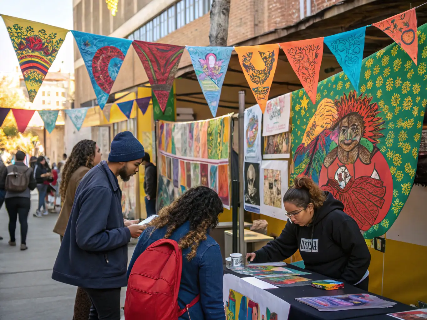 A vibrant image depicting a community art festival with diverse participants creating art together in an outdoor setting, showcasing the energy and collaborative spirit of L'ART SEME's cultural actions.