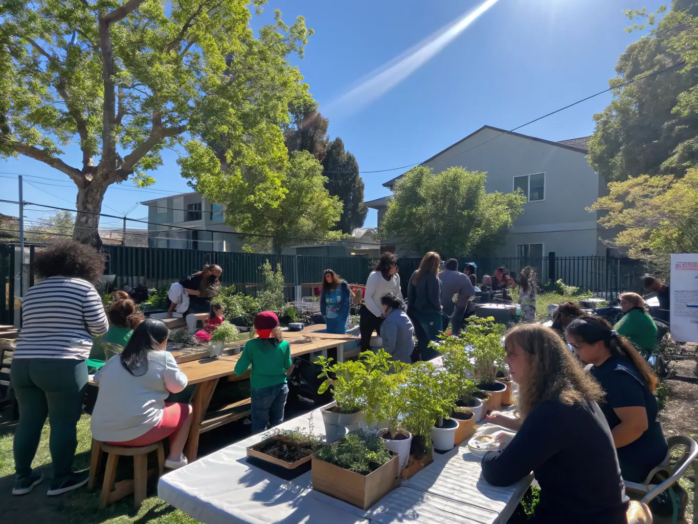A photograph of a sustainable art workshop, showing participants learning eco-friendly art techniques and using recycled materials to create unique pieces, emphasizing L'ART SEME's commitment to sustainability.