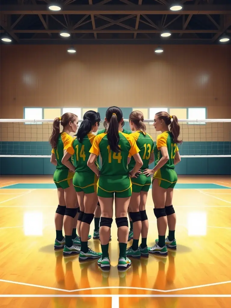 A group of professional volleyball players strategizing during a timeout, highlighting the high-performance aspect of the club.