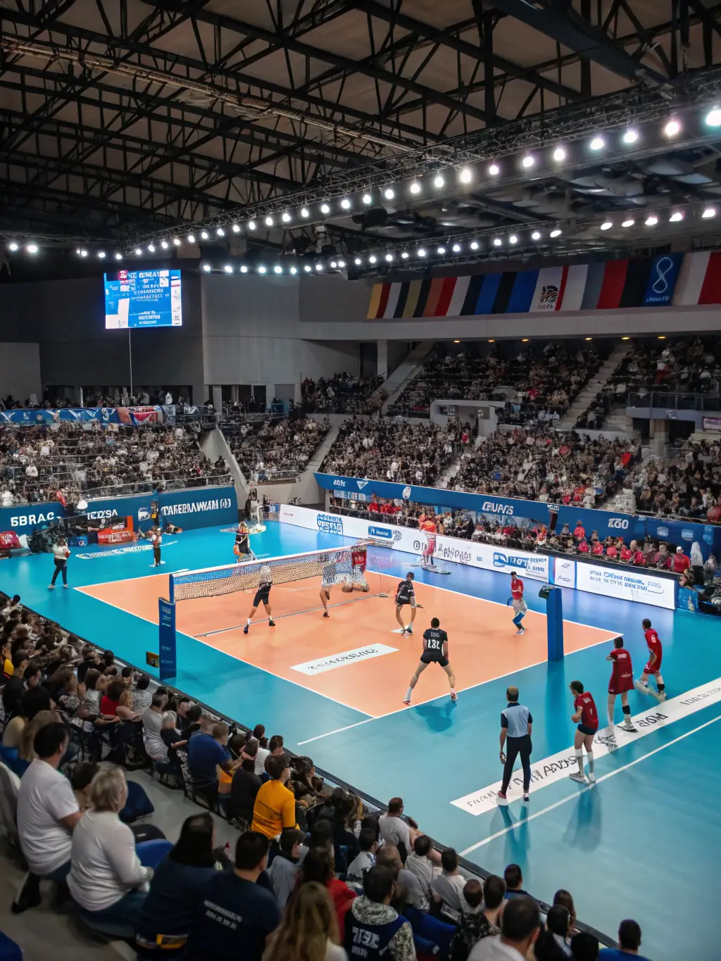 A photo of adult volleyball players participating in a friendly match, emphasizing the social and competitive aspects of the sport.
