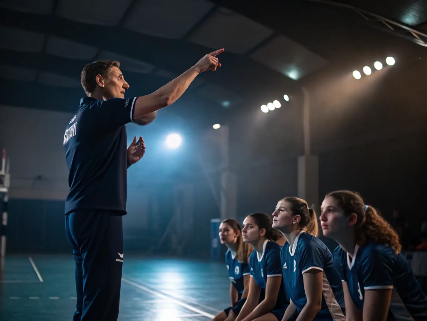 A focused image of a volleyball coach instructing players during a training session, emphasizing technique and strategy, captured in a modern sports facility.