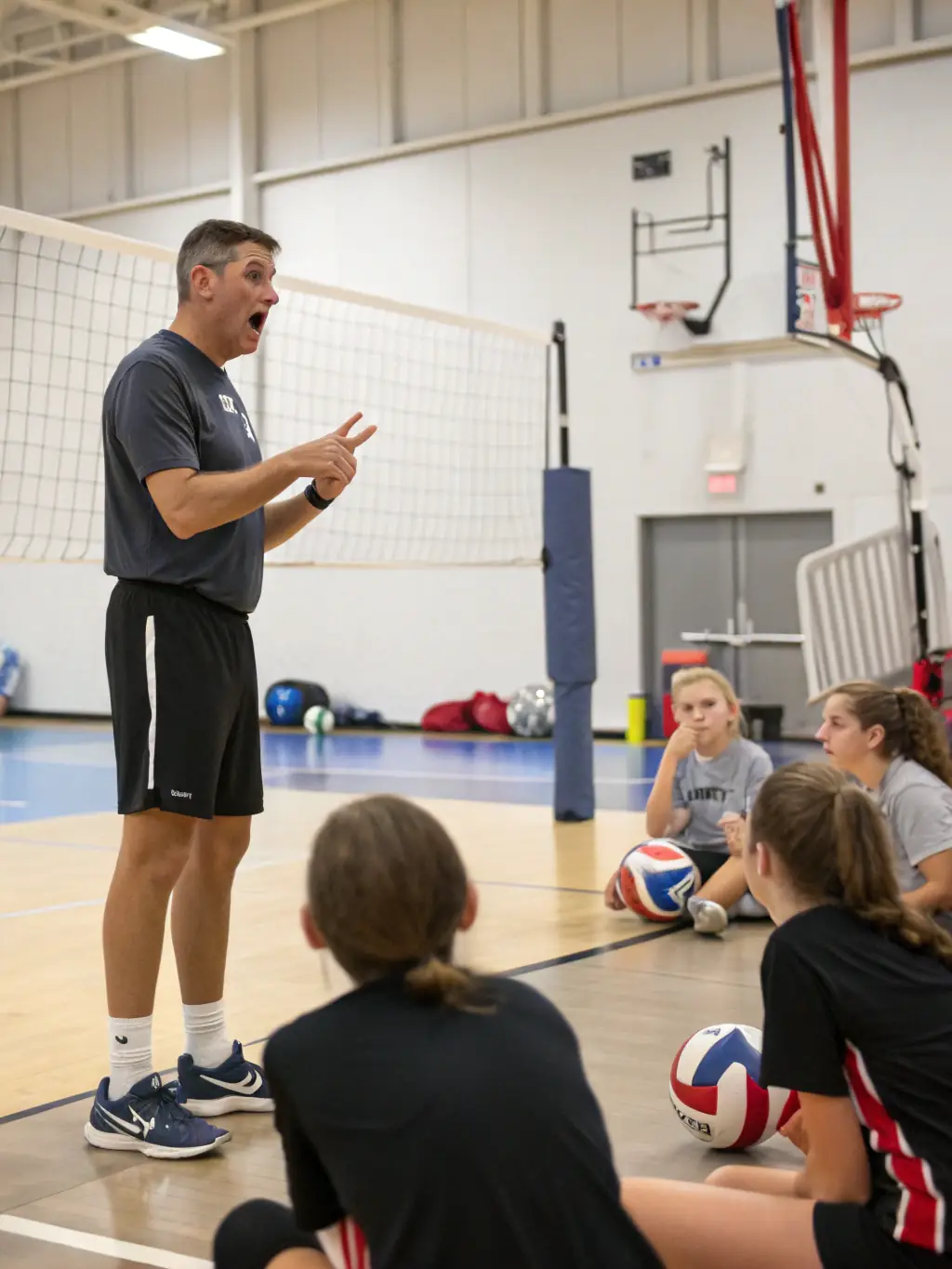 Image of coaches leading a volleyball clinic, demonstrating techniques and providing personalized feedback to participants.
